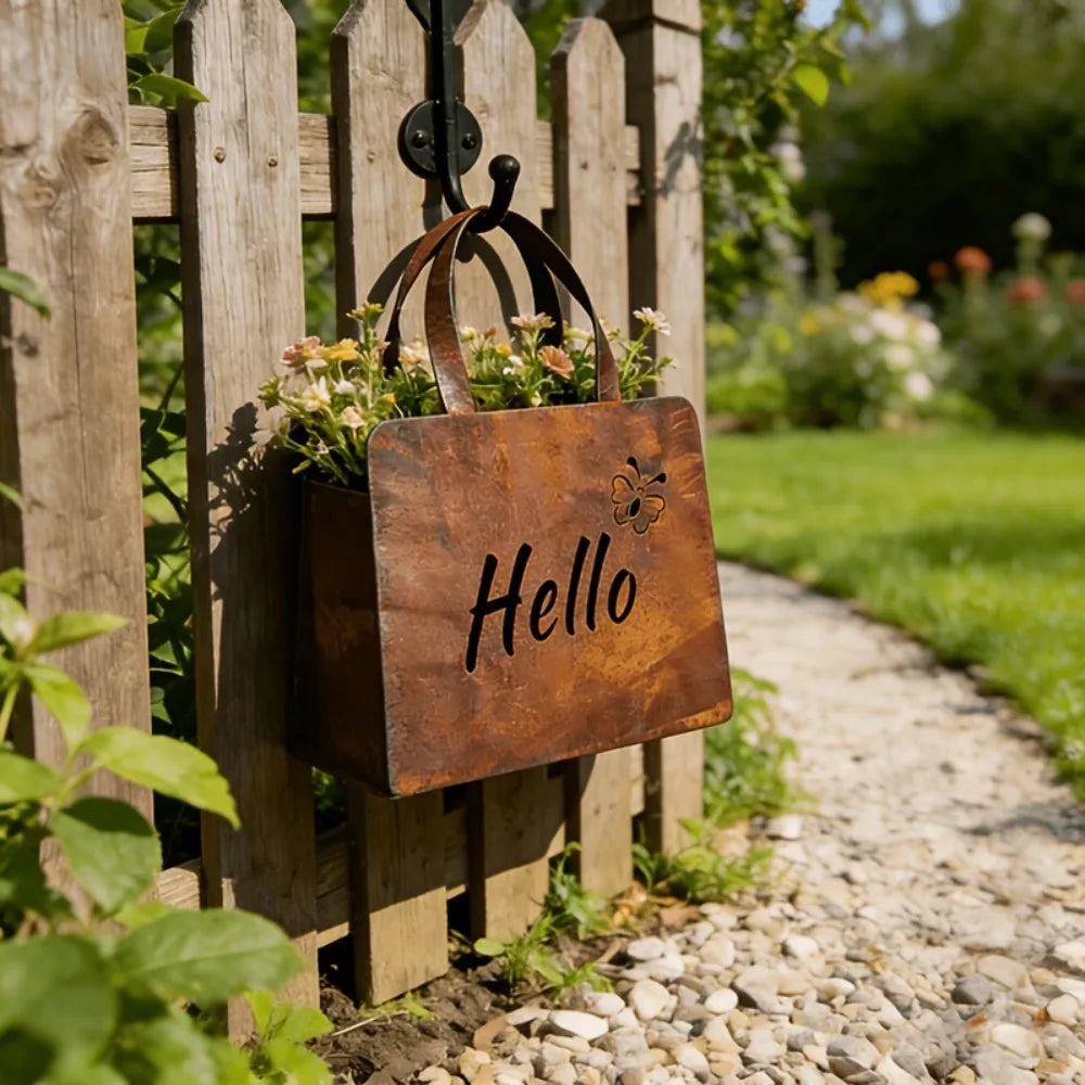 1PC Vintage Iron Handbag Garden Statue with Hello & Welcome Sign Rust Iron Material Elegant Garden Sculpture Mini Flower Box