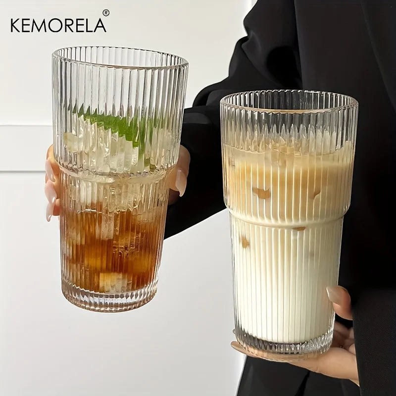 600ML Stripe Glass Coffee Cup with Lid