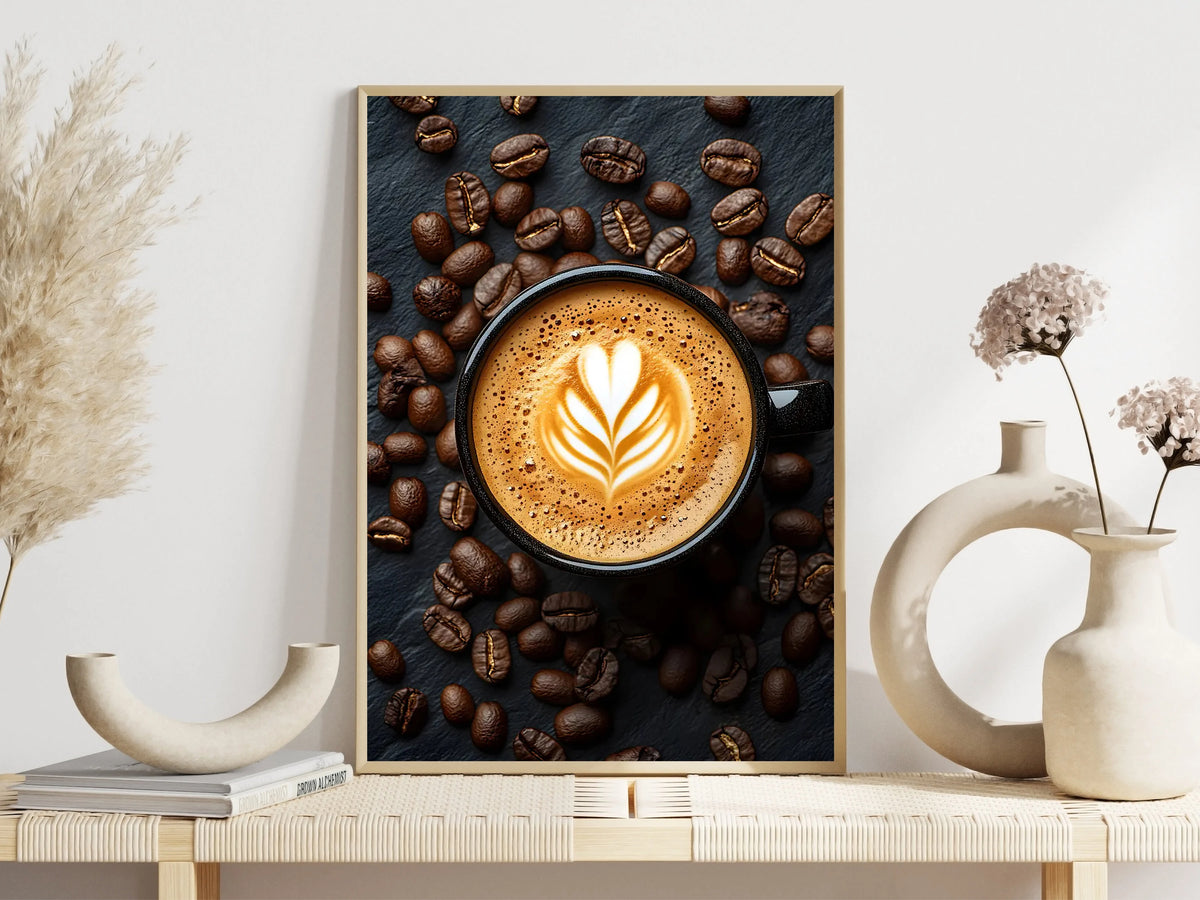 Coffee Cup And Beans Photograph Posters Delicious Coffee Latte Breakfast Prints Canvas Painting Wall Art Picture Home Room Decor