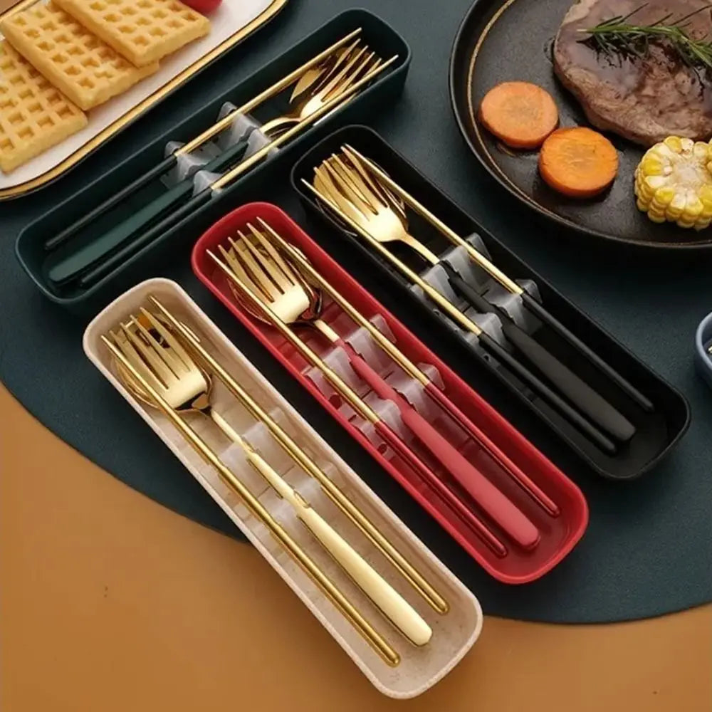 3-in-1 Stainless Steel Cutlery Set with Storage Box – Fork, Spoon & Chopsticks