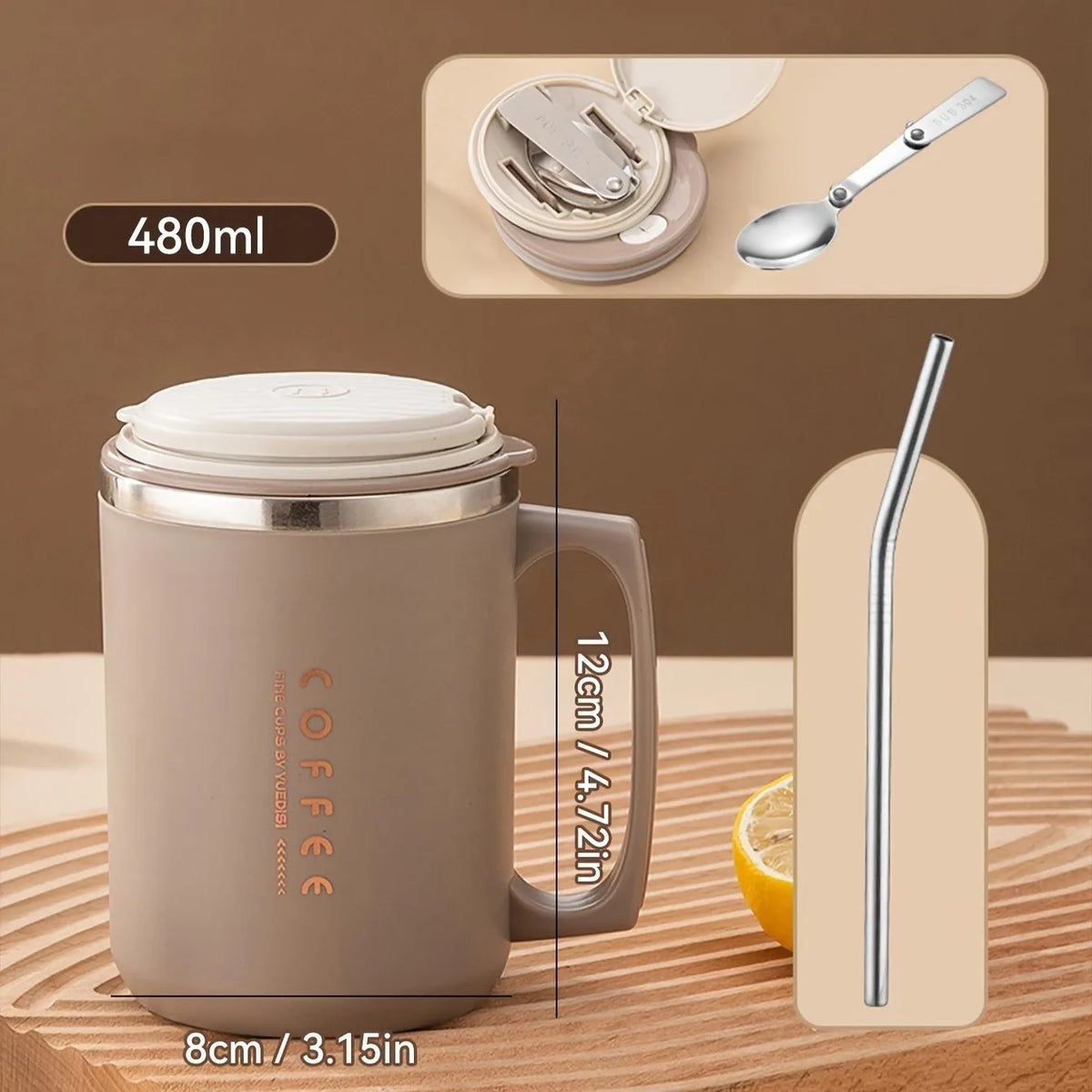 480ML Thermos Cup With Spoon&Straw 304 Stainless Steel Coffee Mug Reusable Leak-proof Drinking Cup Drinkware For Student Adult