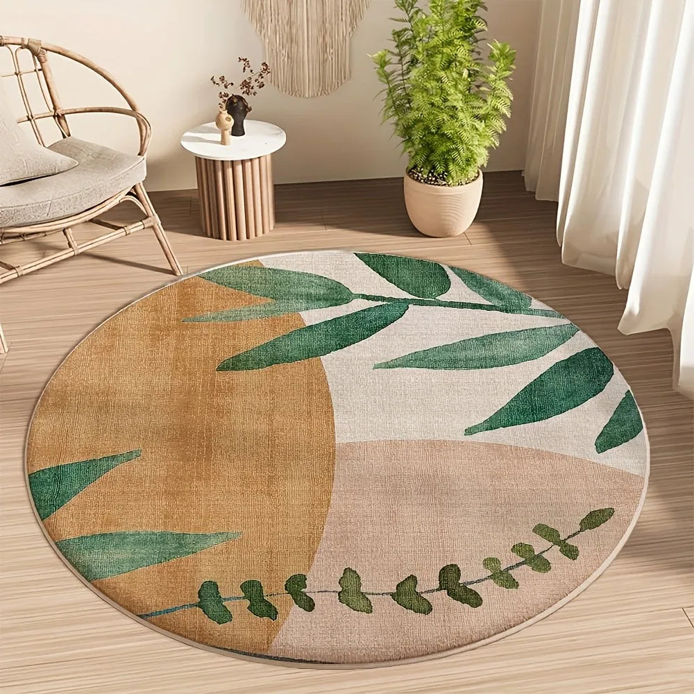 Beige Leaf Pattern Round Rug - Soft Plush Area Carpet, Non-Slip, Mint Green Floral Floor Mat for Living Room Hallway Decor