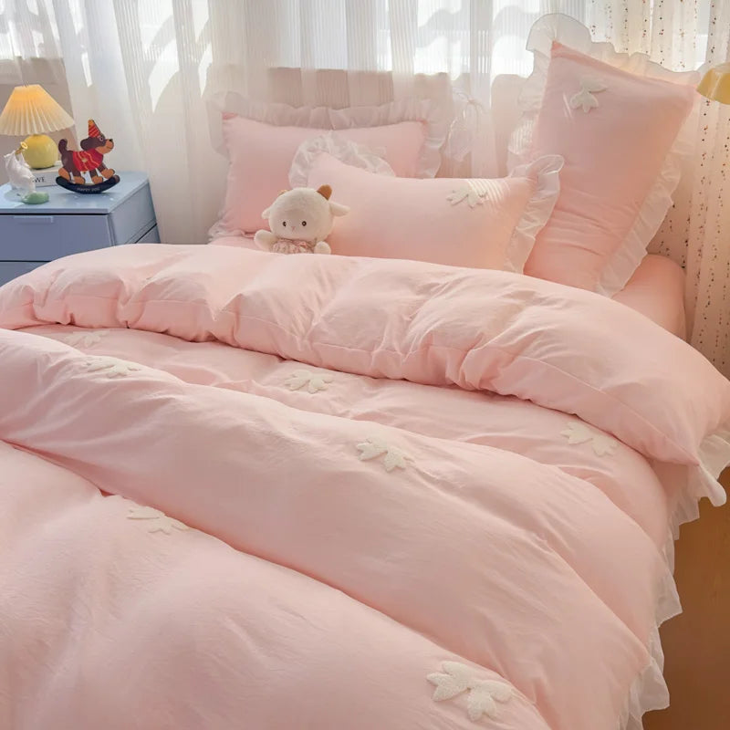 3 Piece Sheet Set pink bowknot embroidery Quilt Set , comfortable embroidery Bedding Set Bedspread for All Season