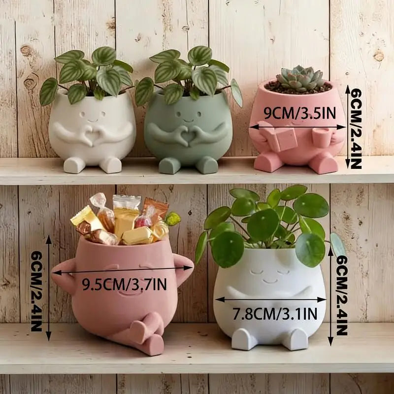 2pcs Unique Sitting Chair Face Flower Vase Cute Resin Head Planter Durable Succulent Pots Home Yard Desktop Garden Decoration