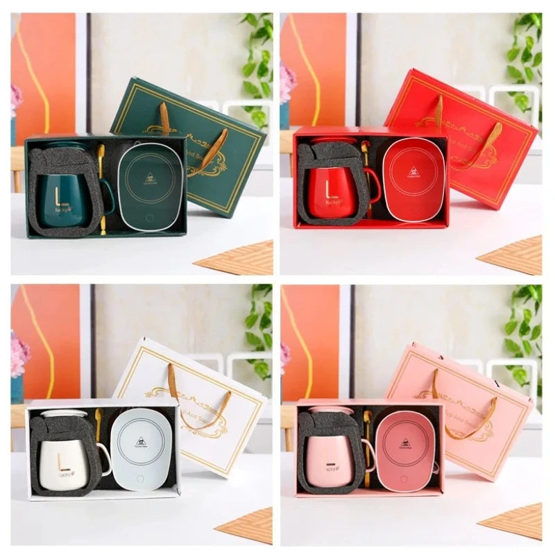 Smart self-heating cup with 55°C constant temperature. Gift box mug with spoon, suitable for camping, office use and as a gift