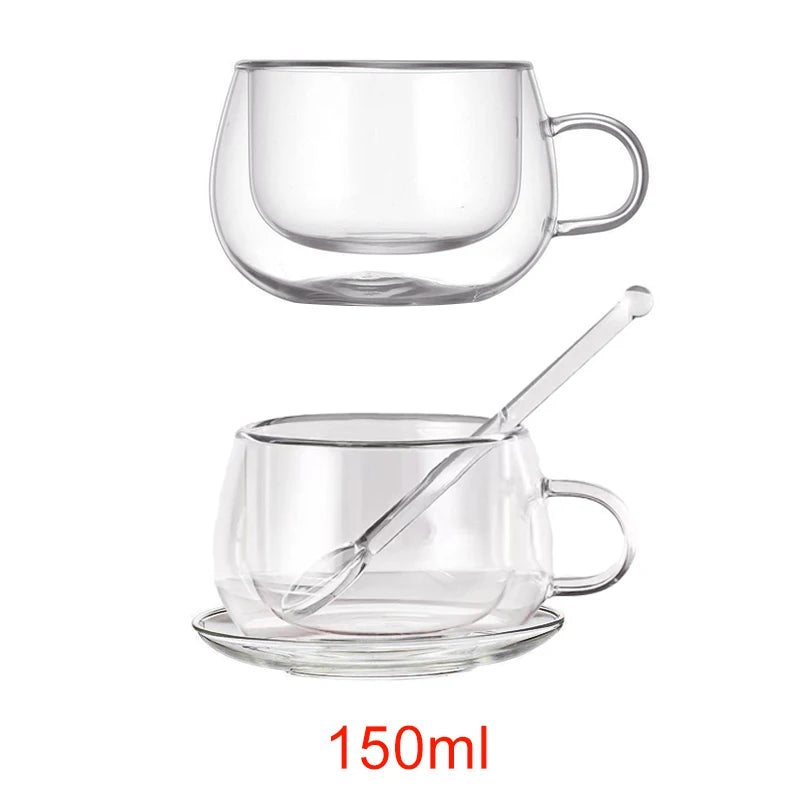 JUSTINLAU 150/300ml Double-layer Glass Cup Transparent with Handle Heat Resistant Coffee Cup & Saucer Milk Juice Water Cup Gift