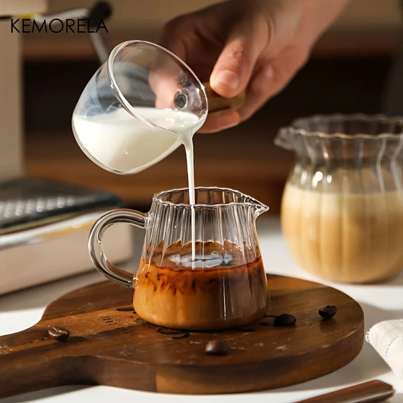 KEMORELA 1PC Retro Striped Glass Mini Coffee Cup Dishwasher-Safe Milk Creamer Measuring Jar for Coffee Extraction