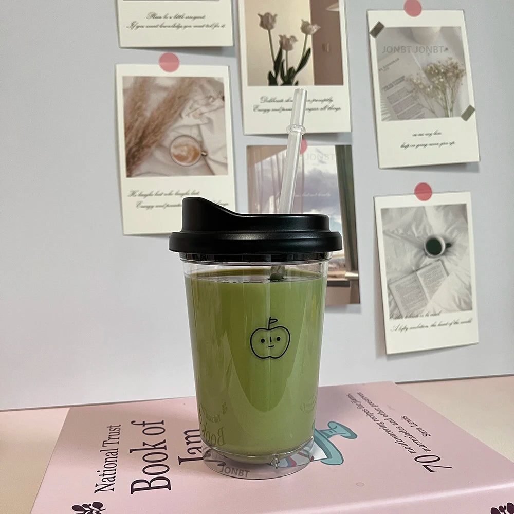 355/473ML Simple Plastic Water Bottle With Straw Tea Strainer Transparent Coffee Cup Office Milk Matcha Drink Cup Car Ice Cups