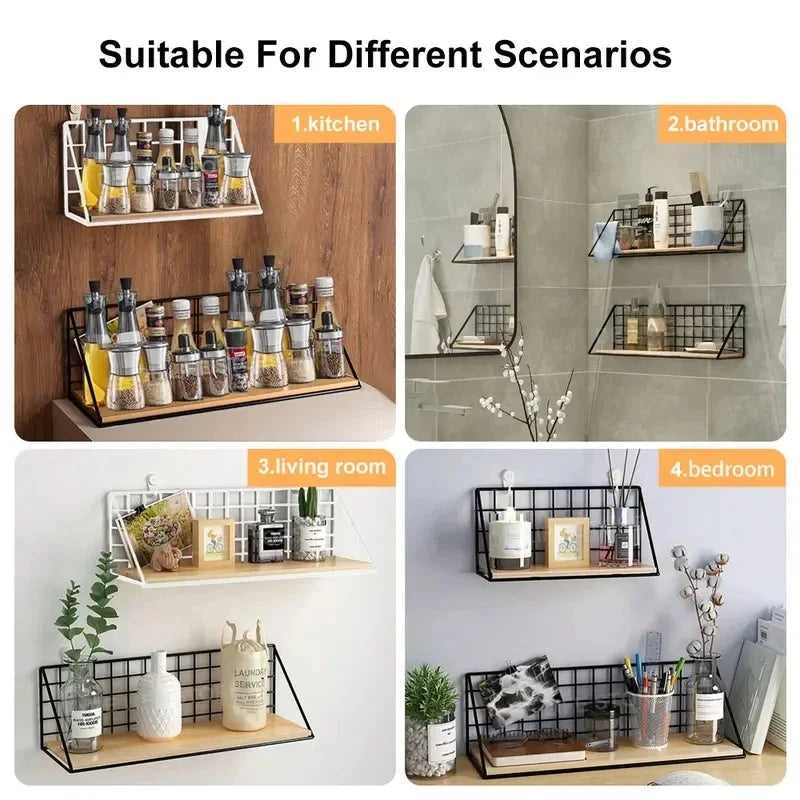 Wooden Floating Wall Shelf No Drilling Storage Basket Rack Space Saving Organizer Display Shelf for Bedroom Living Room Decor