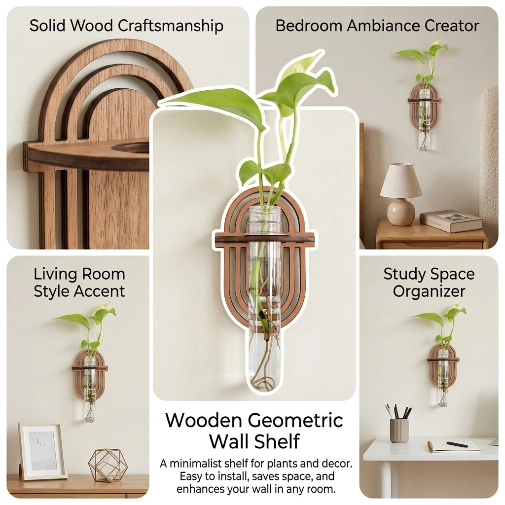 Wooden-Geometric Wall Shelf Plant Stand for Home Decoration Storage Rack