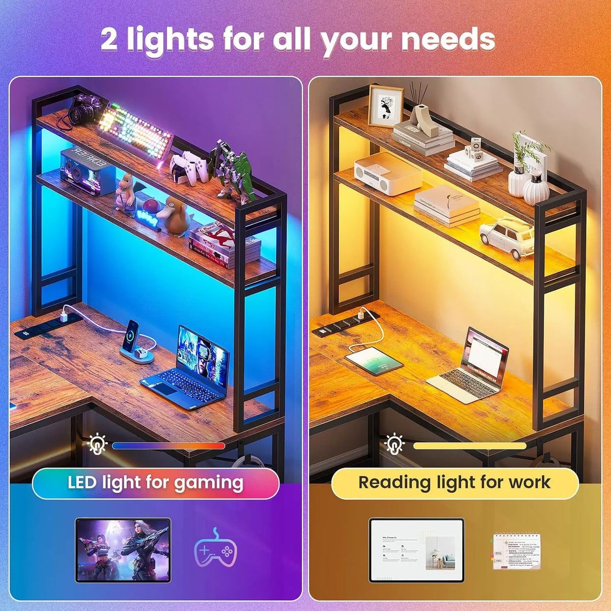 L Shaped Desk with Hutch, 45.3" Reversible Home Office Gaming Desk with LED Lights, Power Outlet, Storage & Hooks for Small Spac