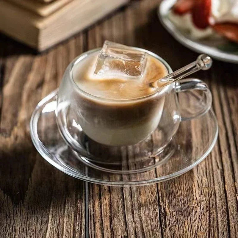 JUSTINLAU 150/300ml Double-layer Glass Cup Transparent with Handle Heat Resistant Coffee Cup & Saucer Milk Juice Water Cup Gift