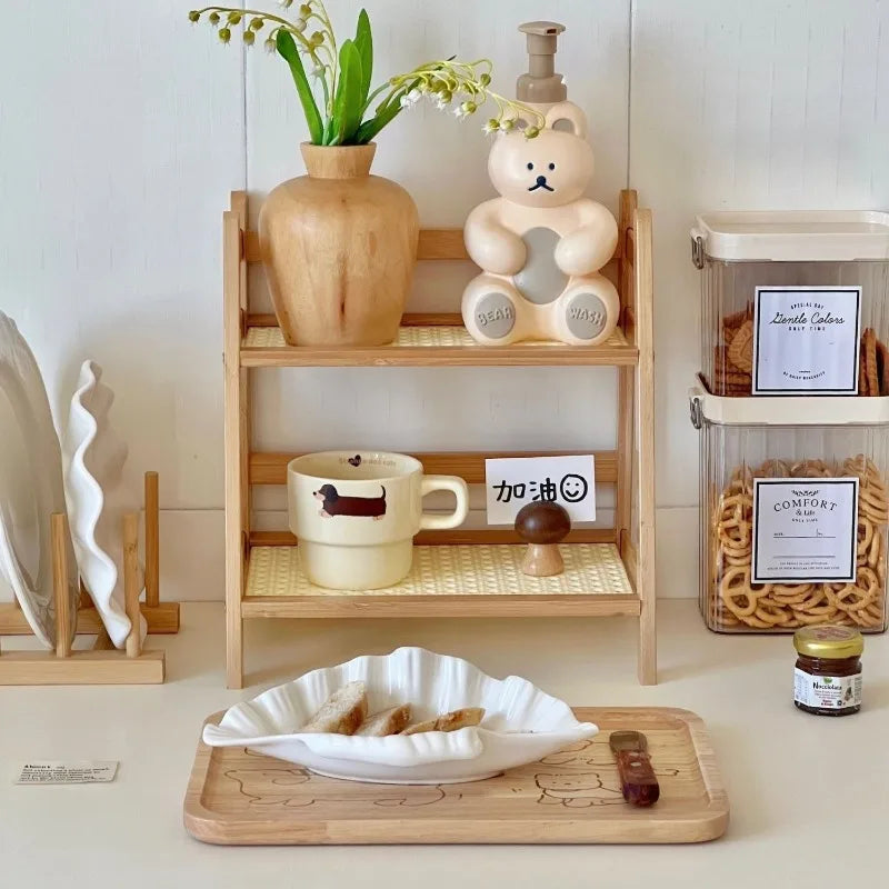 2-Tier Bamboo Countertop Organizer Rattan Coffee Cup Holder Desktop Storage Shelf for Kitchen Bathroom Vanity Dressing Table 
