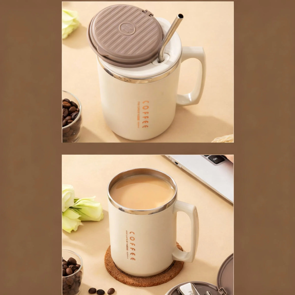 480ML Thermos Cup With Spoon&Straw 304 Stainless Steel Coffee Mug Reusable Leak-proof Drinking Cup Drinkware For Student Adult