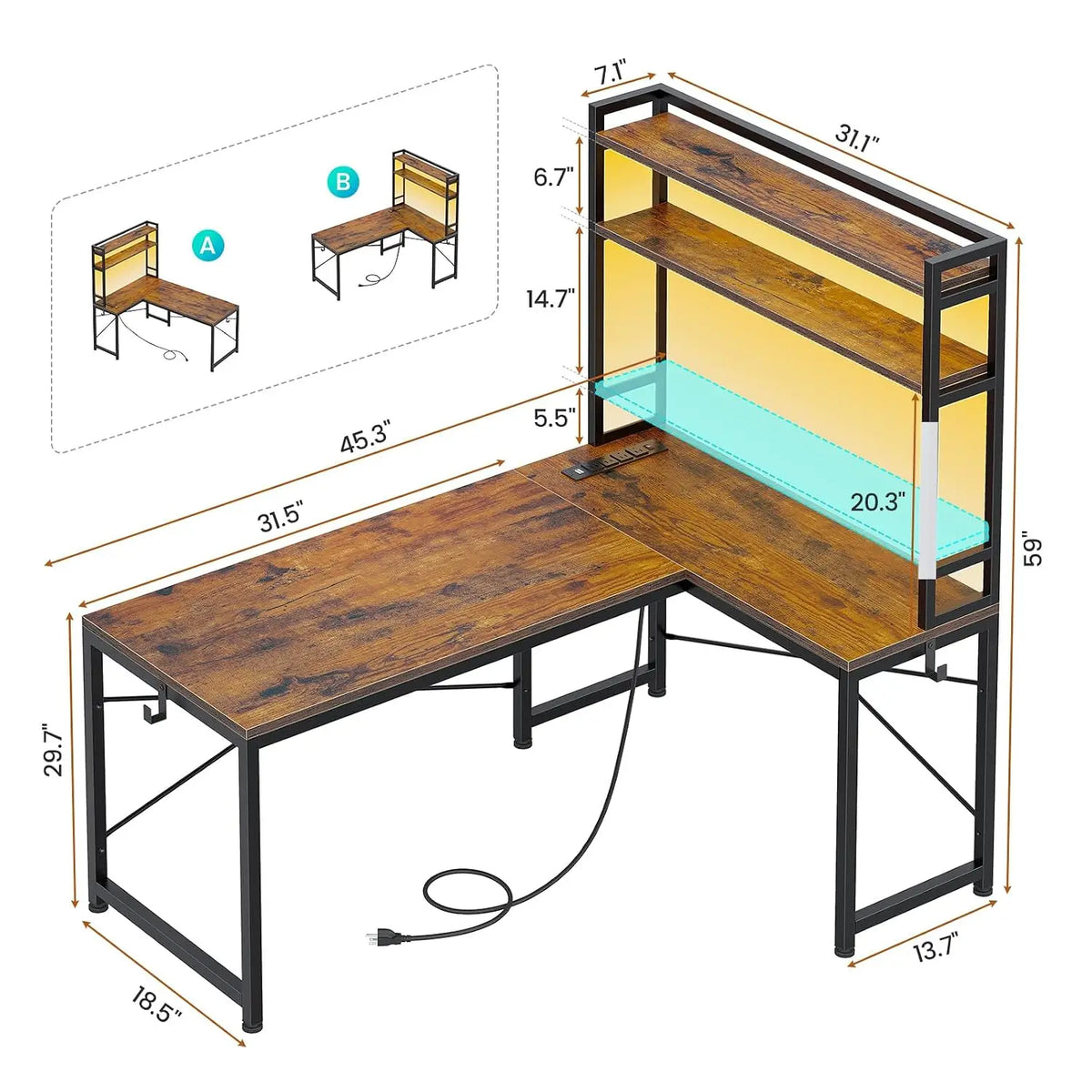 L Shaped Desk with Hutch, 45.3" Reversible Home Office Gaming Desk with LED Lights, Power Outlet, Storage & Hooks for Small Spac