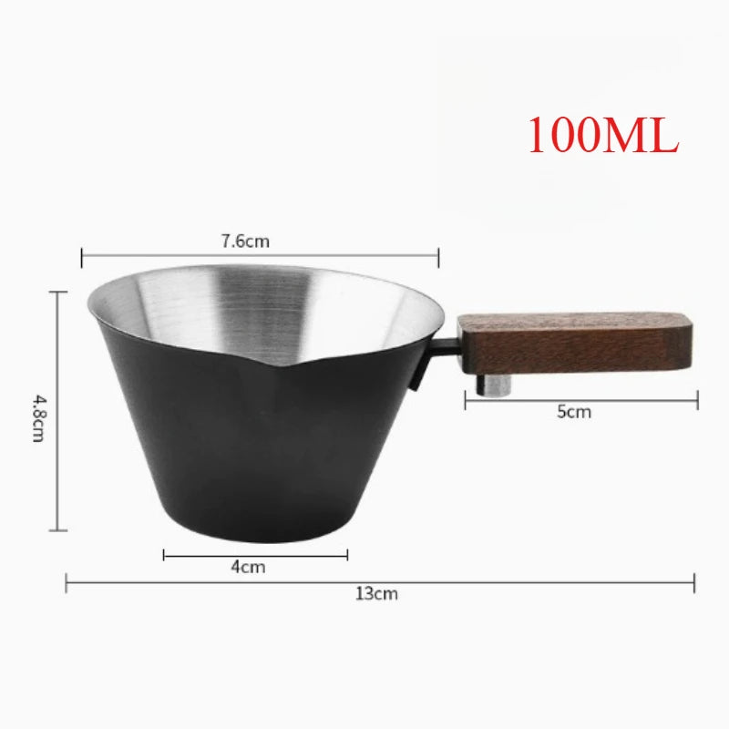 1PCS Walnut handle Italian espresso measuring cup, stainless steel with handle and scale, extraction cup, small milk cup, 100ml