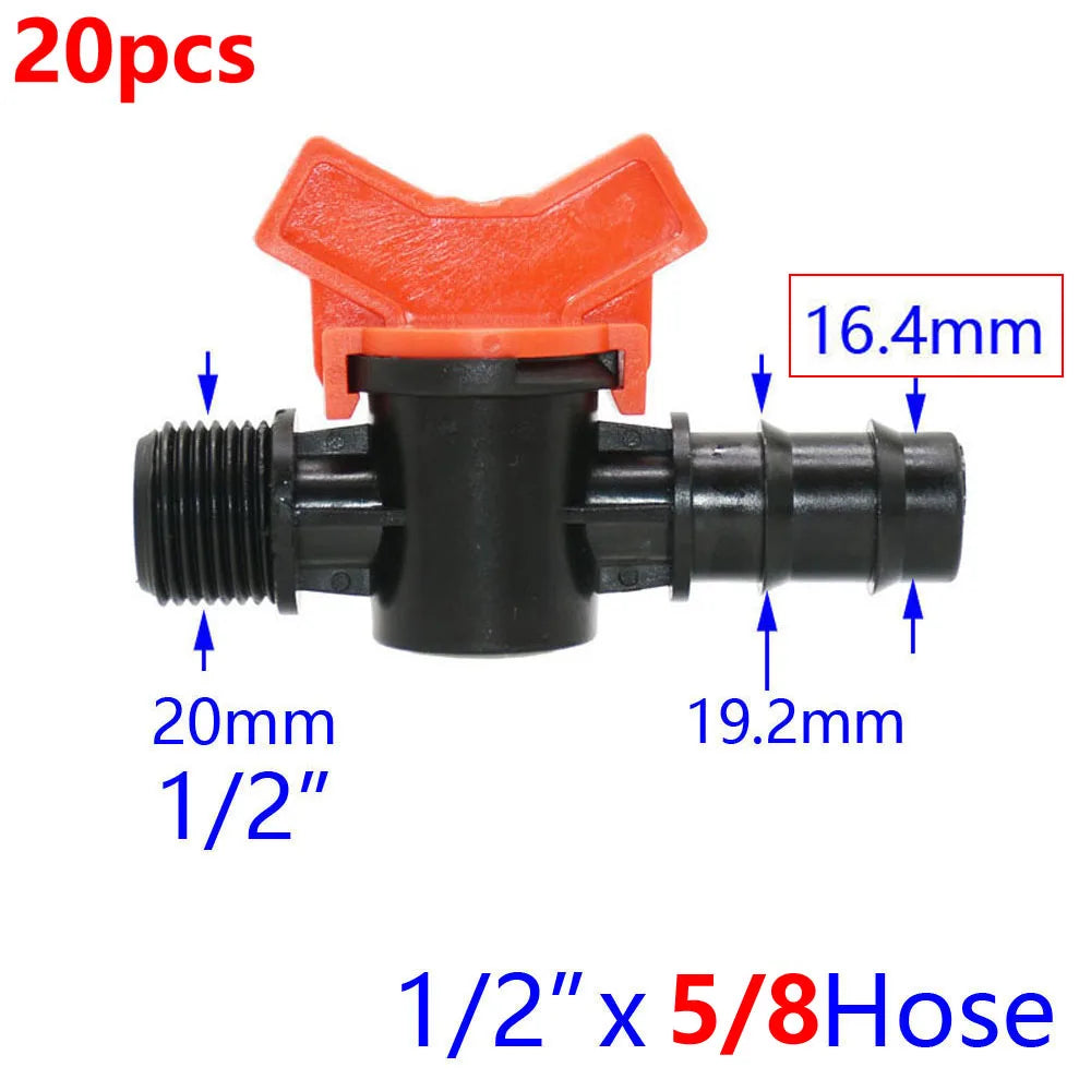 20pcs Drip Irrigation Mini Valve 4/7 3/8/10/12/16/20 /25mm Pipe Garden Tap 1/2" 3/4" Male Thread Water Hose Barb Connector