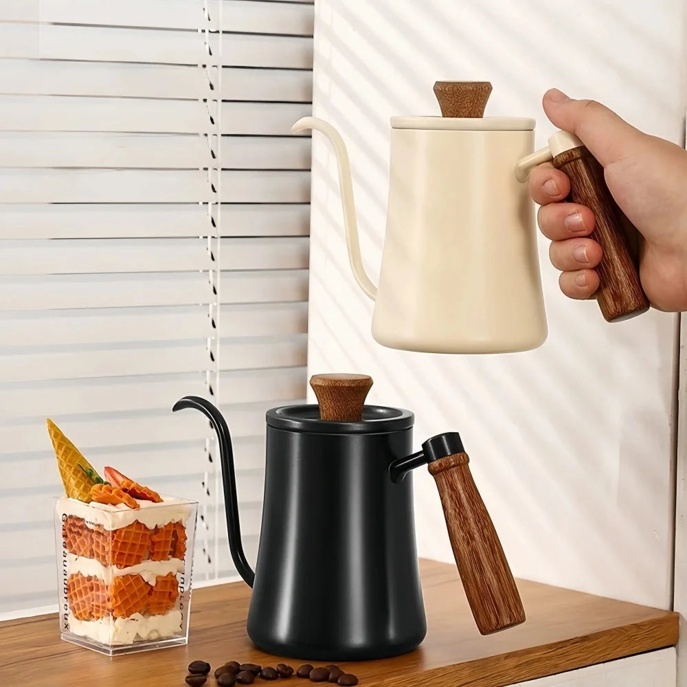 Coffee Pot with Lid Thermometer 304 Stainless Steel Clear Scale Solid Wood Handle High Quality Hand-made Coffee Utensils 500ML