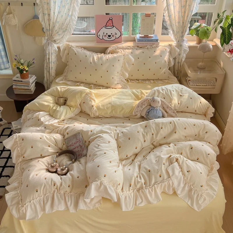 3/4Pcs Korean Princess Style Lace Ruffles Bedding Set Single Queen King Size Duvet Cover Set Bed Sheet Pillowcases
