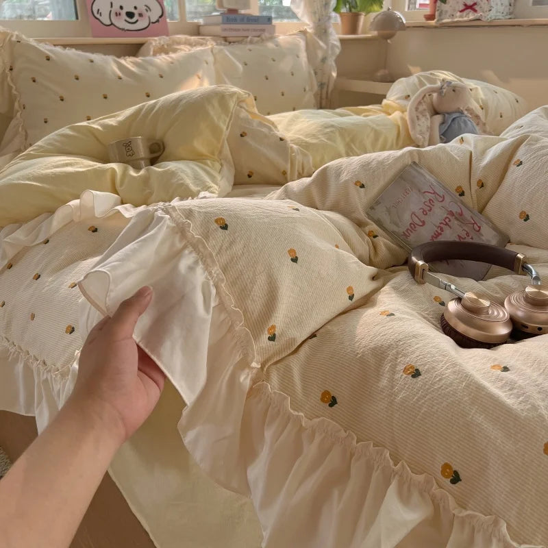 3/4Pcs Korean Princess Style Lace Ruffles Bedding Set Single Queen King Size Duvet Cover Set Bed Sheet Pillowcases