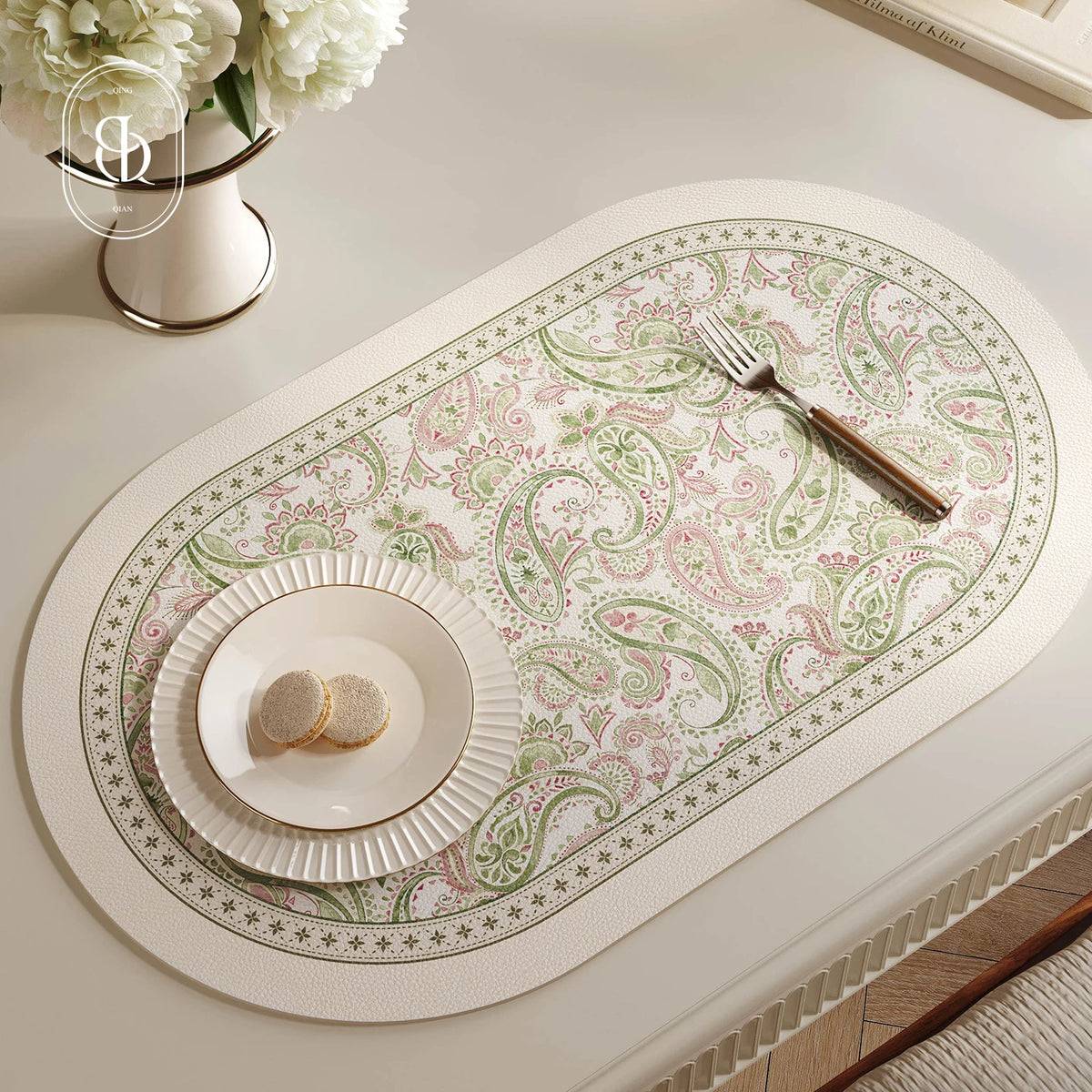 Faux Leather Placemats Set of 2 Non-Slip Oval Faux Leather Table Mat Heat Stain Resistant for Dinning Room Decor 12x20 Inch Gift