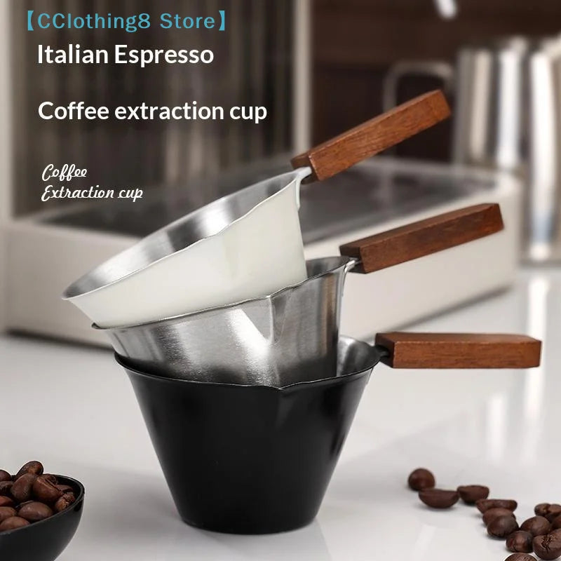 1PCS Walnut handle Italian espresso measuring cup, stainless steel with handle and scale, extraction cup, small milk cup, 100ml