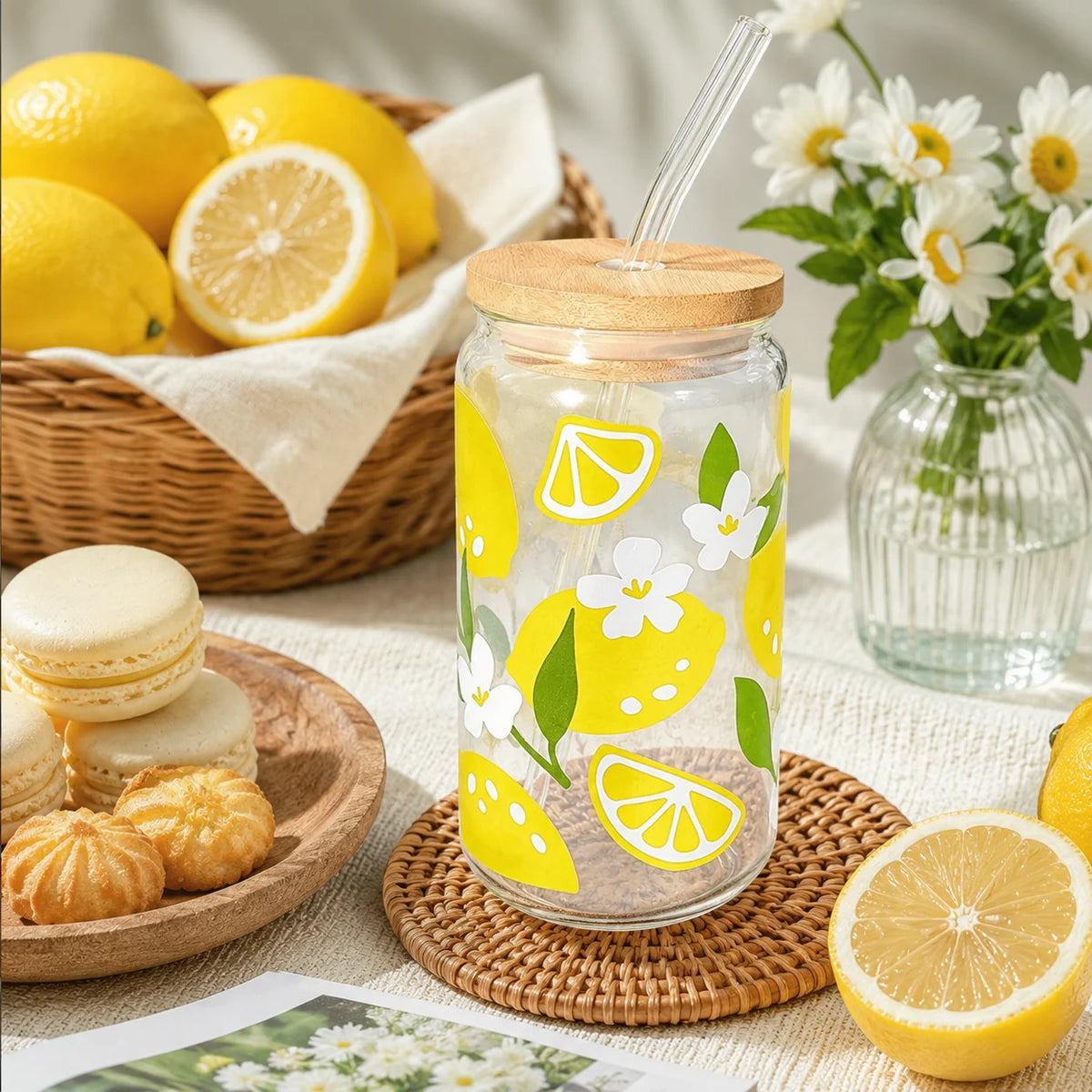 Cute Lemon Glass Tumbler with Bamboo Lid