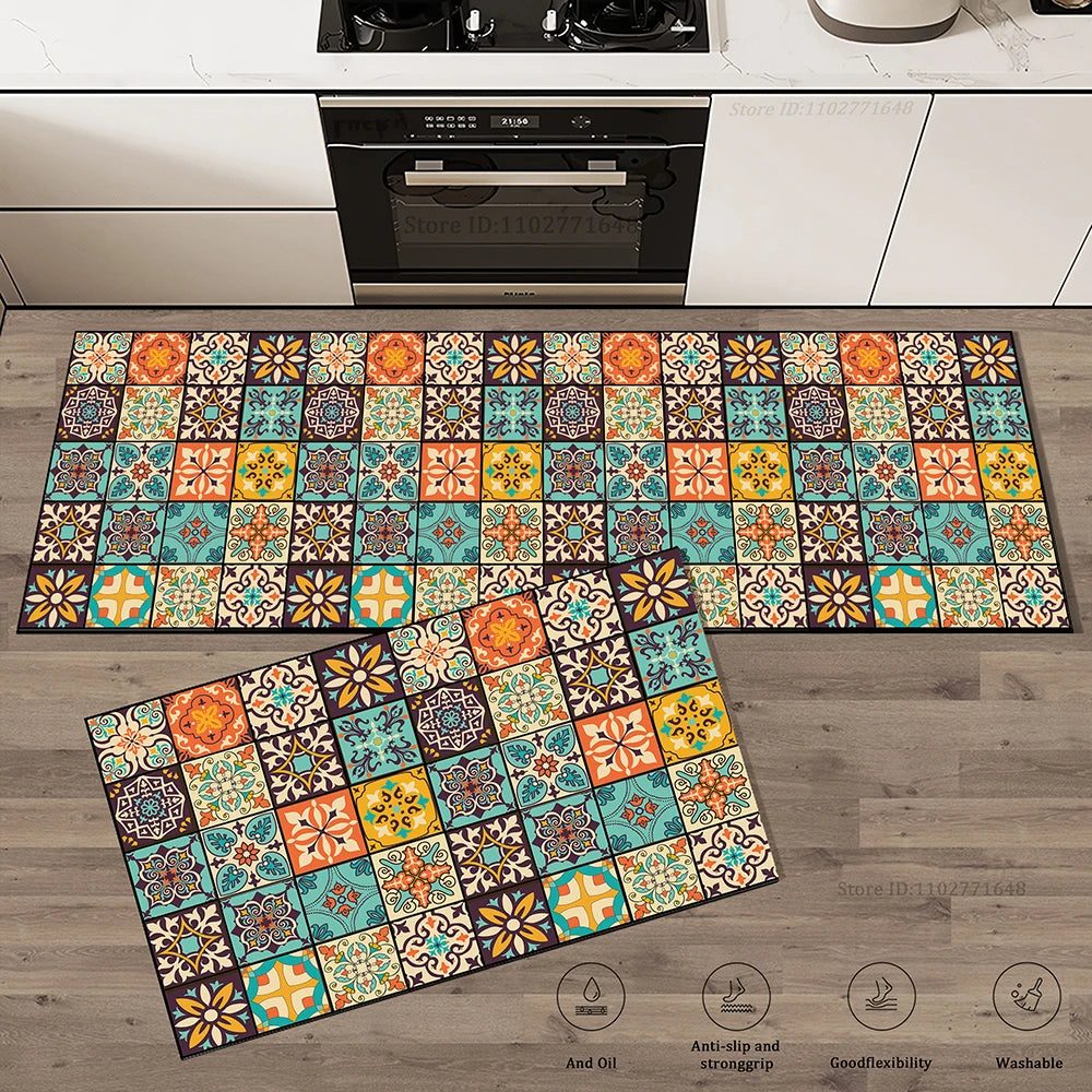 Retro Kitchen Rugs Non-Slip Absorbent Bedroom Luxury Entrance Doormat Washable Anti Fatigue Carpet Long Large Waterproof Mat