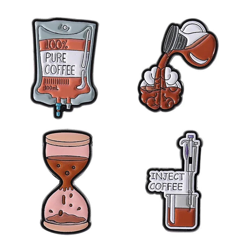 100% Pure Coffee Bag Medical Enamel Pins Coffee Filling Brain Inject Coffee Hourglass Brooch Lapel Badge Jewelry Gift for Friend