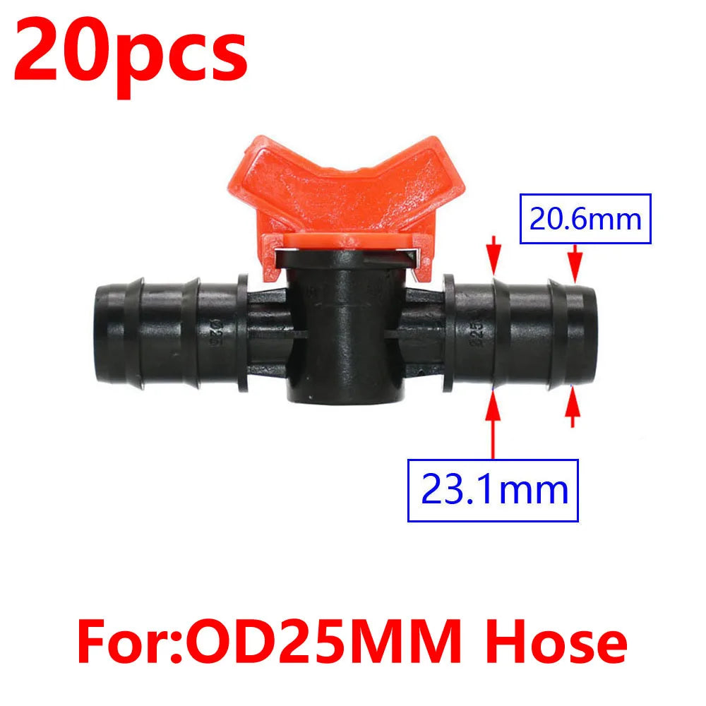 20pcs Drip Irrigation Mini Valve 4/7 3/8/10/12/16/20 /25mm Pipe Garden Tap 1/2" 3/4" Male Thread Water Hose Barb Connector