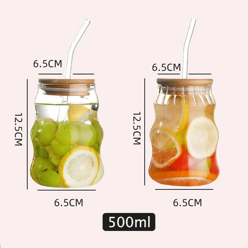 500ml Stripe Glass Cup With Lid and Straw Transparent Glass Mug Iced Coffee Cup Drinking Glasses For Juice Water Cup Drinkware