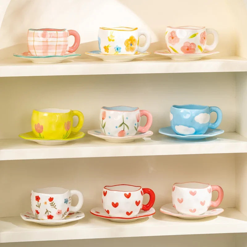 300ML Korean Style Hand Pinched Irregular Ceramic mug Hand-painted Flower Heart Coffee Cup Breakfast Milk Afternoon tea cup Gift