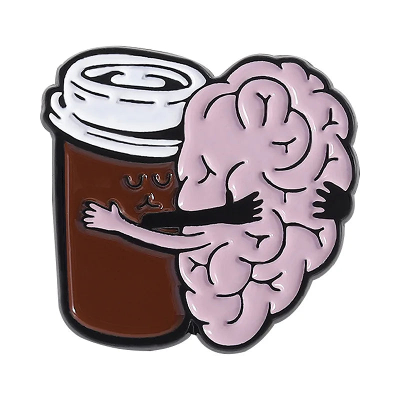 Funny Coffee Brain Enamel Pin Sassy Quote Brooch Coffee Cup Pot Lapel Badge Gift Backpack Denim Jacket Hat Clothes Accessory