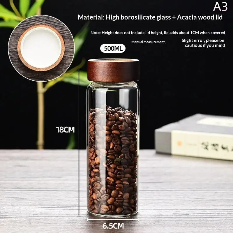(.) Coffee Beans Sealed Tank Transparent Glass Container With Wood Lid Food Storage Jars Candy Dried Jars Household Organizer