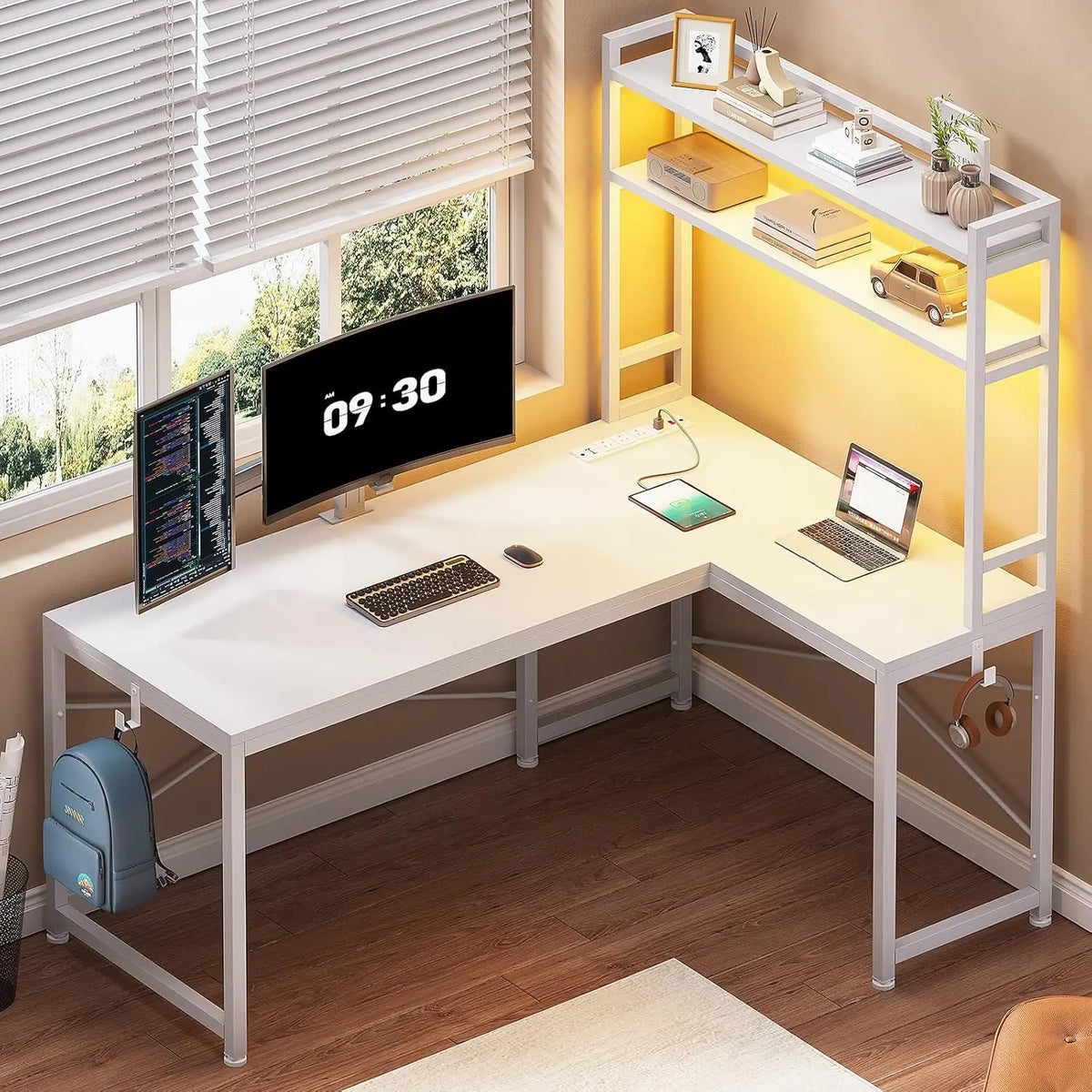 L Shaped Desk with Hutch, 45.3" Reversible Home Office Gaming Desk with LED Lights, Power Outlet, Storage & Hooks for Small Spac