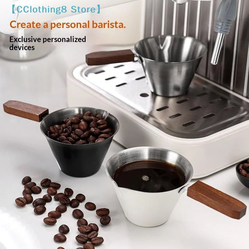 1PCS Walnut handle Italian espresso measuring cup, stainless steel with handle and scale, extraction cup, small milk cup, 100ml