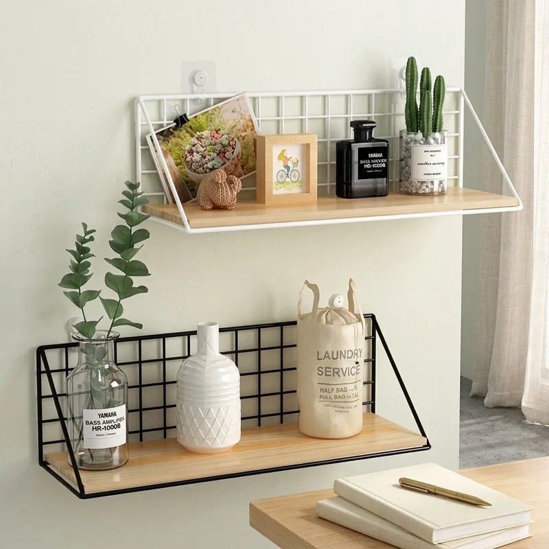 Wooden Floating Wall Shelf No Drilling Storage Basket Rack Space Saving Organizer Display Shelf for Bedroom Living Room Decor