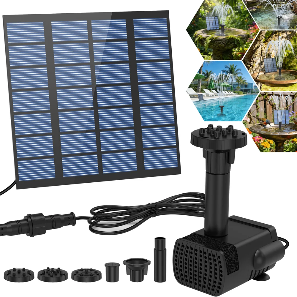 1.8W Solar-Powered Water Fountain Solar Fountain Bird Bath Pump with 6 Nozzles DIY Water Feature for Garden Pond Bird Bath, IPX8