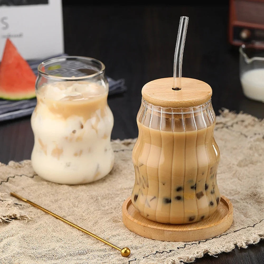 500ml Stripe Glass Cup With Lid and Straw Transparent Glass Mug Iced Coffee Cup Drinking Glasses For Juice Water Cup Drinkware