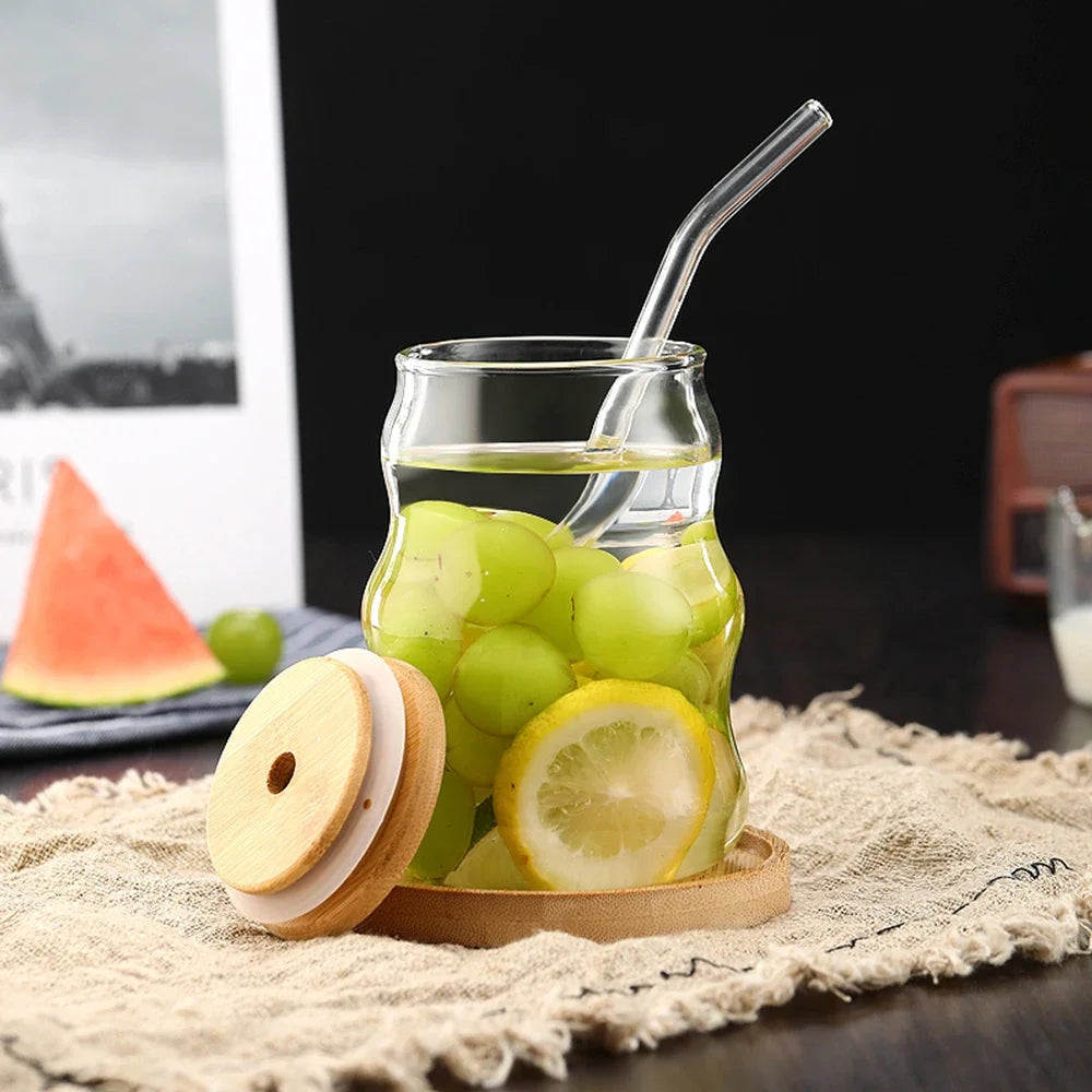 500ml Stripe Glass Cup With Lid and Straw Transparent Glass Mug Iced Coffee Cup Drinking Glasses For Juice Water Cup Drinkware