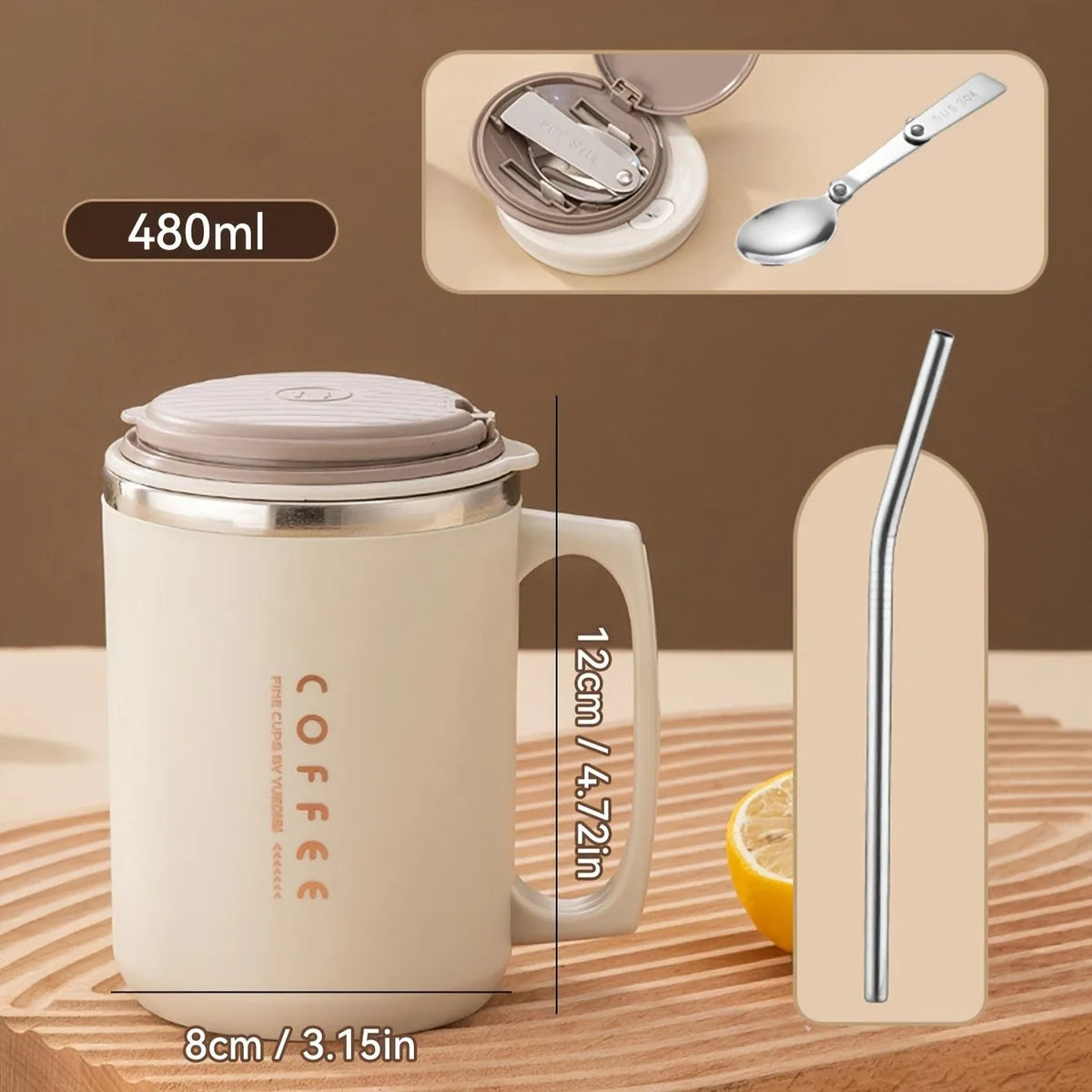 480ML Thermos Cup With Spoon&Straw 304 Stainless Steel Coffee Mug Reusable Leak-proof Drinking Cup Drinkware For Student Adult