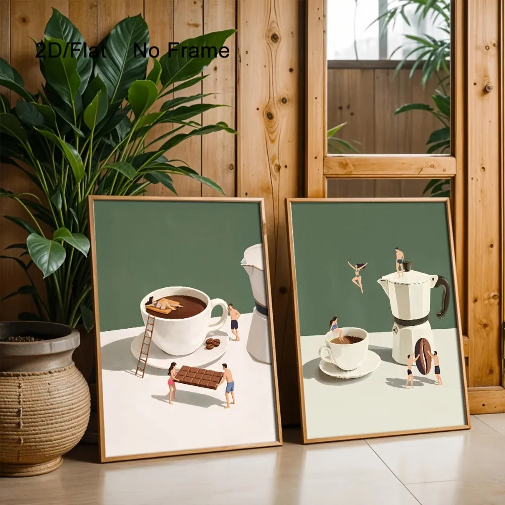 2pcs Frameless,Coffee Adventure Printing,Chocolate and Coffee,Espresso Wall Art,Fashion Kitchen Poster,Fun Gift for Coffee Lover
