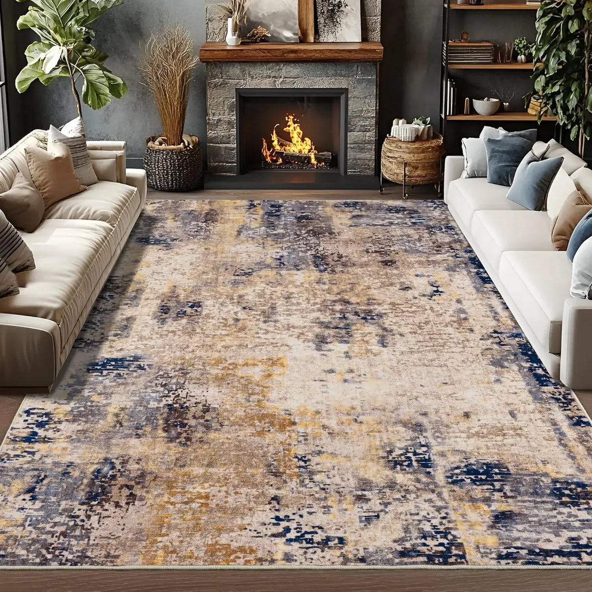 VIKAMA Modern Abstract Washable Area Rugs for Bedroom Stain Resistant Non Slip Large Blue Soft Indoor Carpet for Home Decor