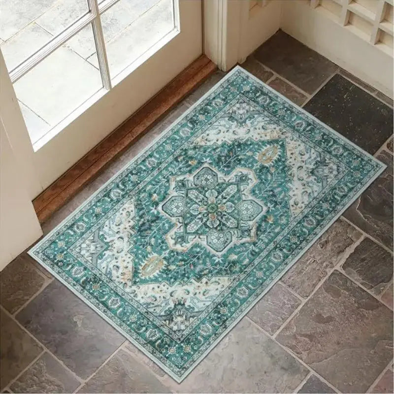 VIKAMA Washable Low Pile Oriental Entry Rug Rustic Terracotta Teal Medallion Design Anti Slip Patio Front Door Floor Mat
