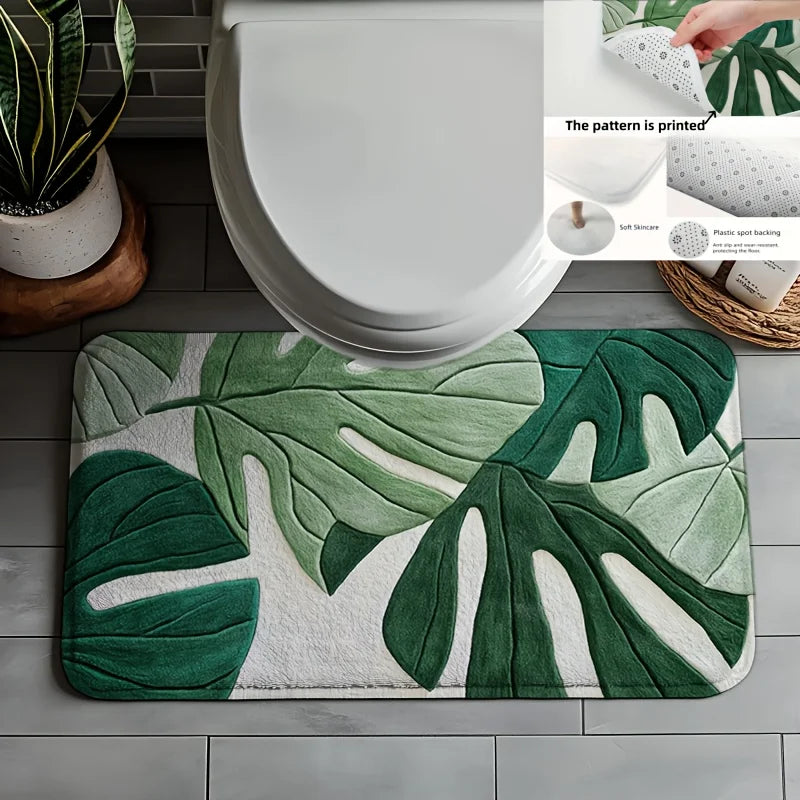 3D Monstera Leaf Doormat 1pc Green Tropical Plant Design with Raised Pattern, Soft Plush Floor Mat for Bathroom and Living Room