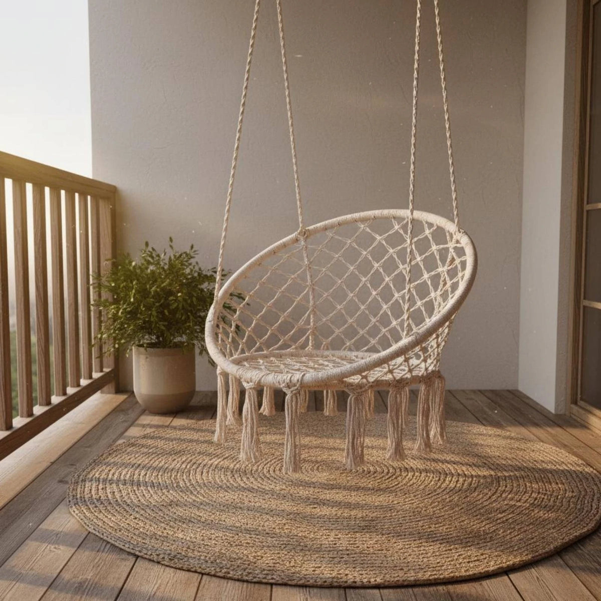 Macrame Chair Airy Lattice Cotton Rope Hanging Chair Home Furniture Oval Frame Single-Color