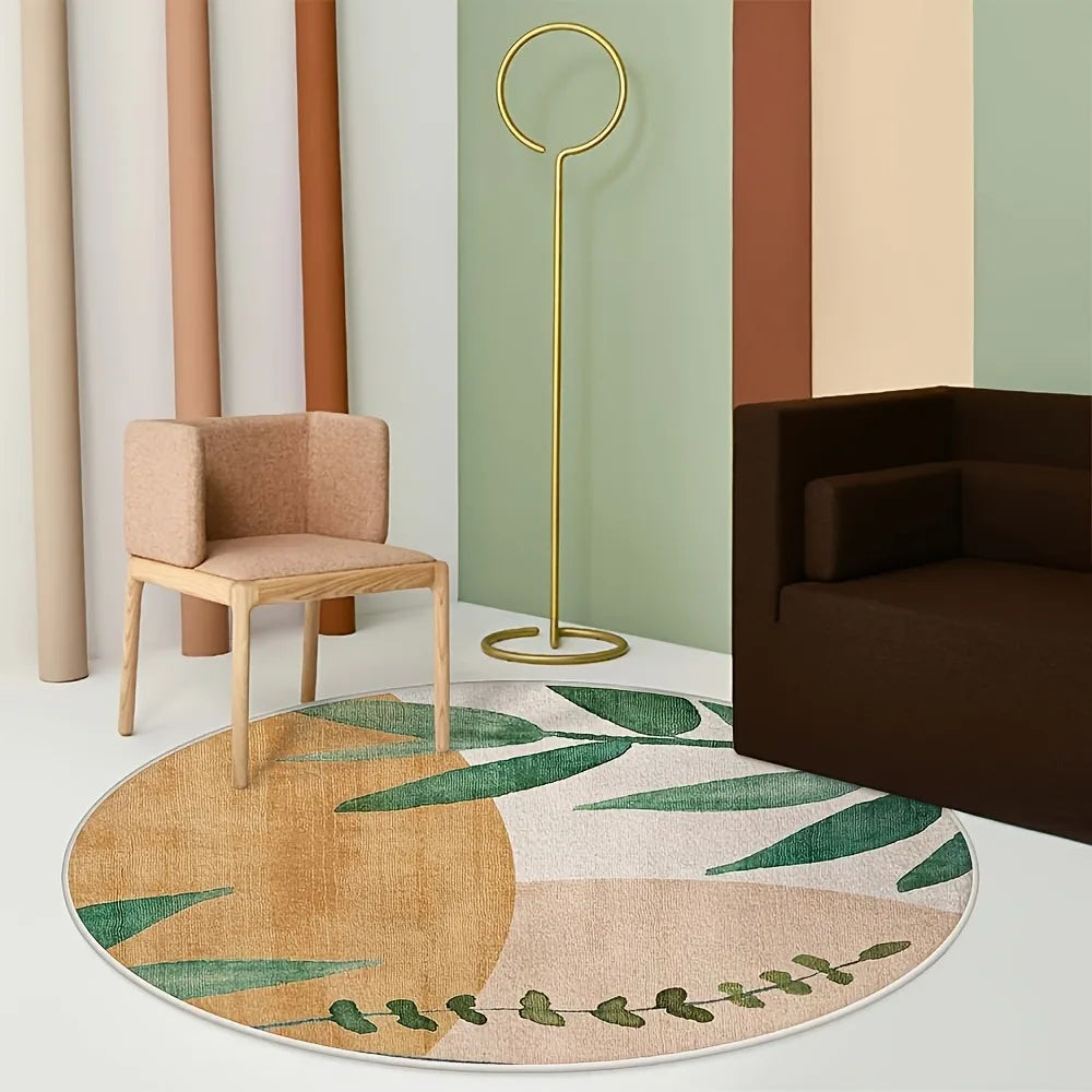 Beige Leaf Pattern Round Rug - Soft Plush Area Carpet, Non-Slip, Mint Green Floral Floor Mat for Living Room Hallway Decor