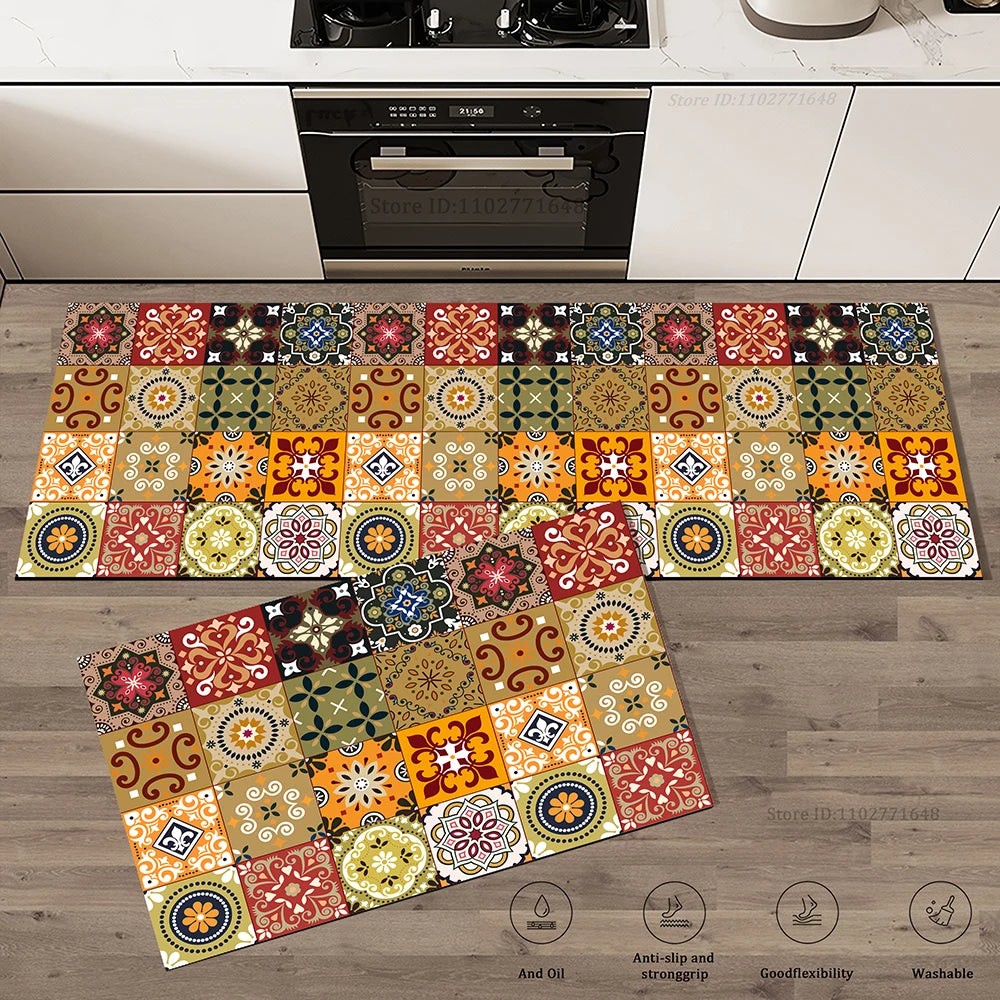 Retro Kitchen Rugs Non-Slip Absorbent Bedroom Luxury Entrance Doormat Washable Anti Fatigue Carpet Long Large Waterproof Mat