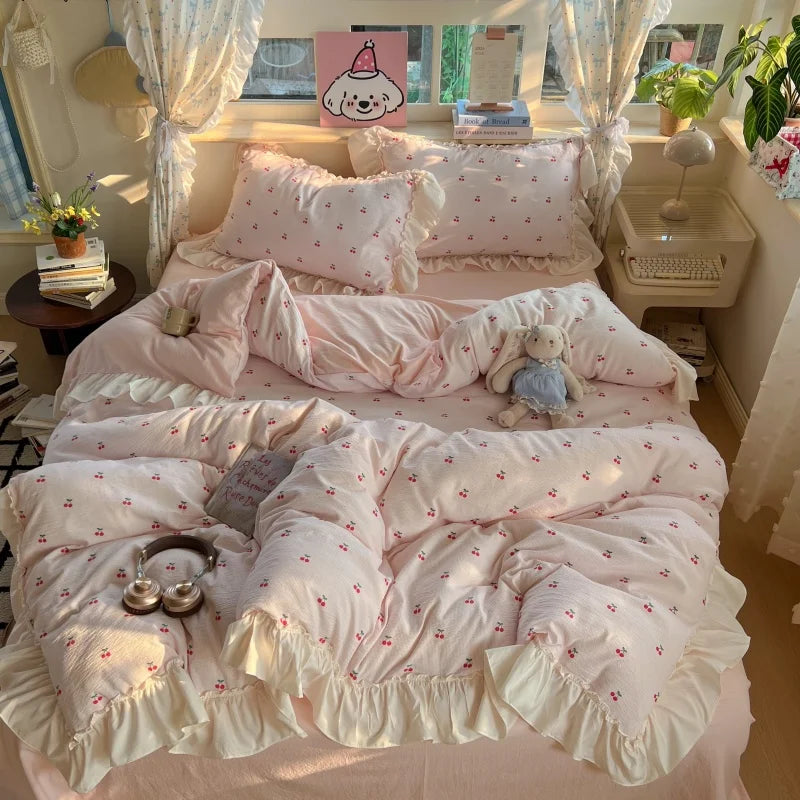 3/4Pcs Korean Princess Style Lace Ruffles Bedding Set Single Queen King Size Duvet Cover Set Bed Sheet Pillowcases