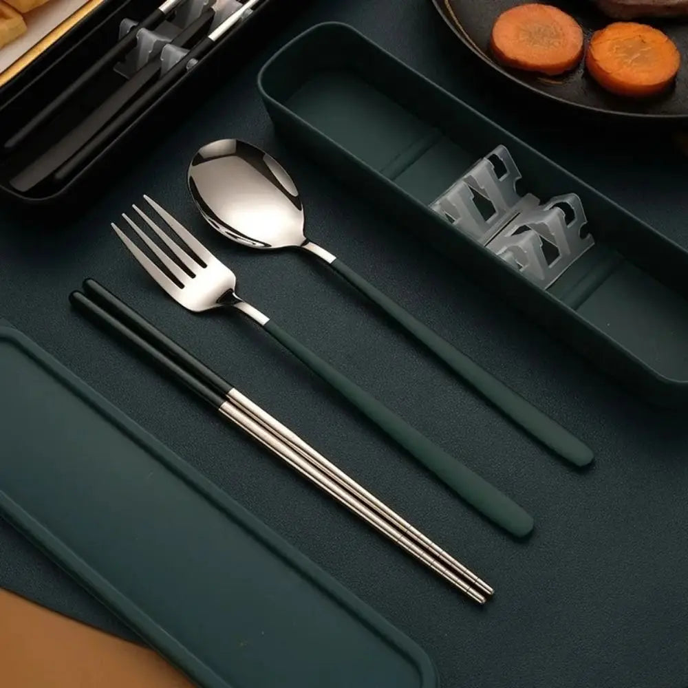 3-in-1 Stainless Steel Cutlery Set with Storage Box – Fork, Spoon & Chopsticks